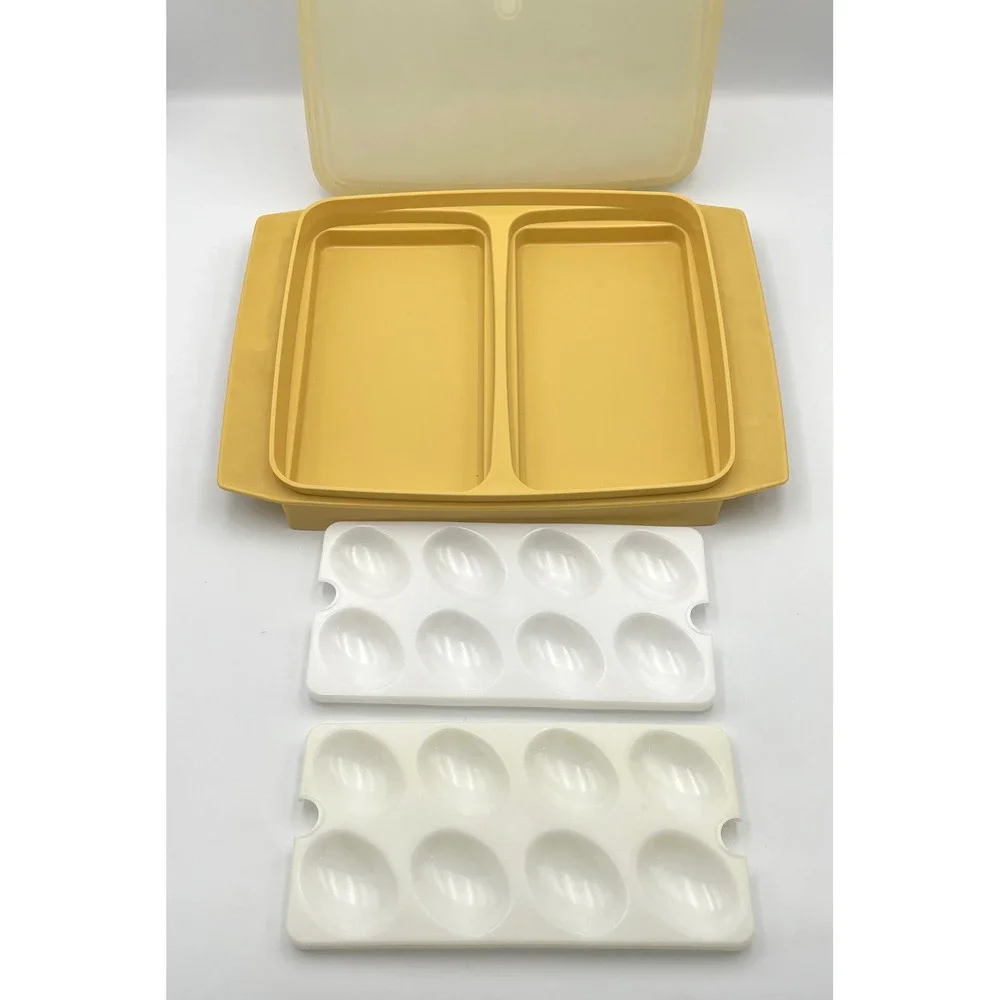 Vintage 1970s Tupperware 723-1 Deviled Egg Keeper Carrier Set of 2 Harvest Gold